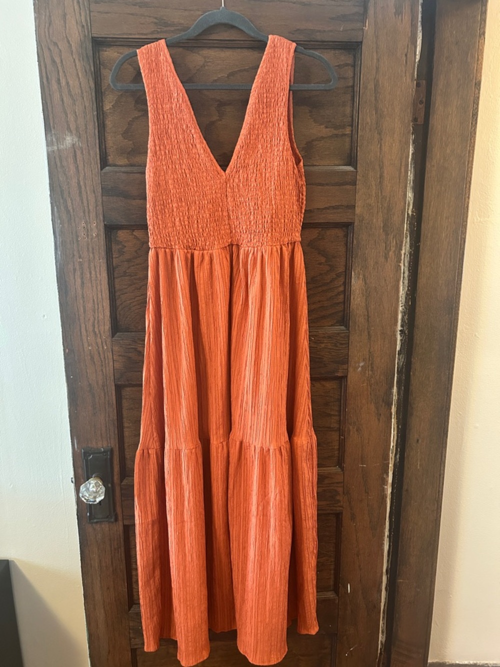 Sleeveless V-Neck Tiered Maxi Dress in Burnt Orange